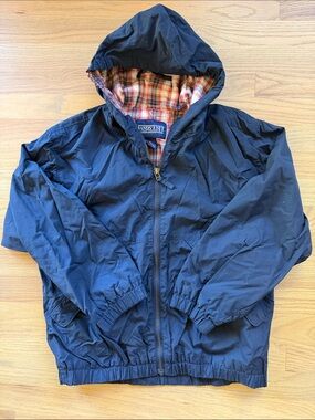 Lands’ End Boys Vintage Plaid Lined Windbreaker Jacket Navy Hooded Jacket 10/12